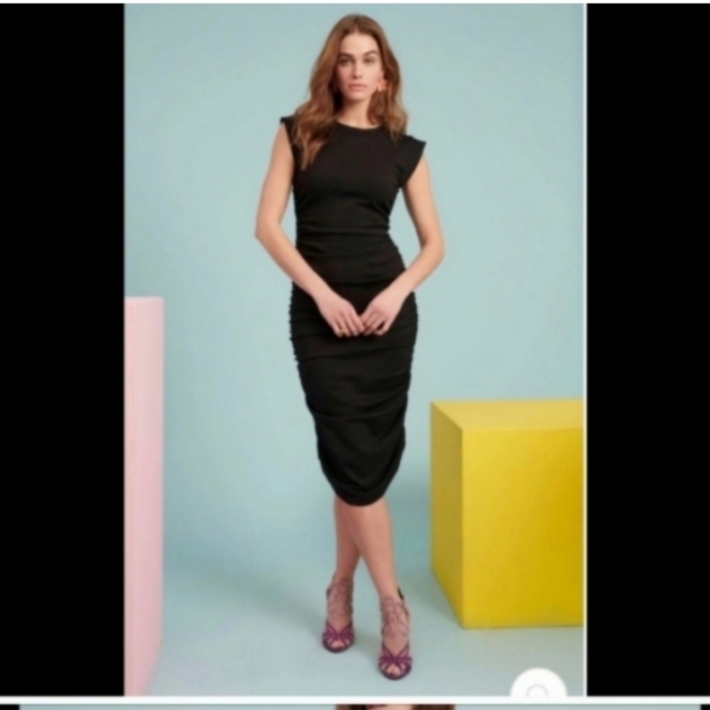 Rachel Parcel Black Ruched midi dress Slimming